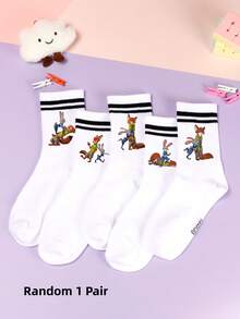 5 Pairs Of  Pattern Calf Socks, Sports Stripes, Polyester Material, Cute Cartoon Design, Fashionable, Casual, Breathable, Suitable For Daily Wear, Back To School Season And Holiday Gifts. - Multicolor - View 8