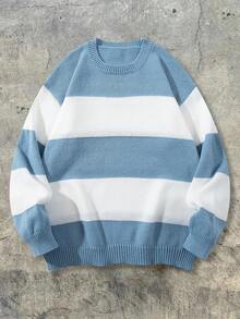 Casual Loose Fit Striped Round Neck Long Sleeve Knit Pullover Sweater, Unisex Style, Spring/Autumn/Winter - Baby Blue - View 2