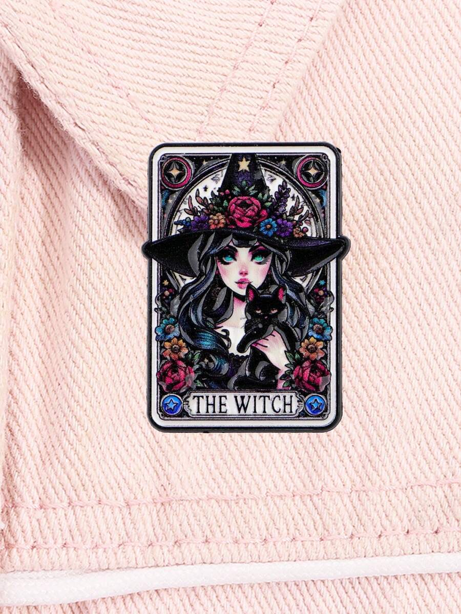 1pc Witch Black Cat Enamel Brooch, Tarot Card Lapel Pin, Fashion Jewelry Accessory, Gift