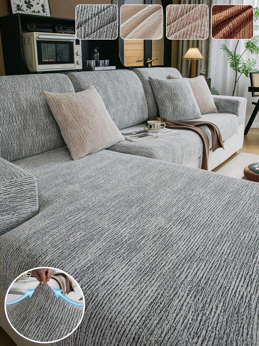 1pc All Season Jacquard Chenille Anti-Slip Sofa Seat Cushion Cover, Soft & Skin-Friendly Modern Minimalist Style, Pet-Friendly & Stain-Resistant Elastic Sofa Slipcover, Suitable For L-Shaped Combination Sofa And 1/2/3/4 Seater Sofa (Sold Individually) - Dark Grey - View 1