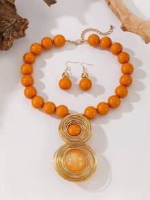 Exaggerated Multi-Layer Resin Pendant, Handmade Aluminum Wire Braided Beaded Necklace & Earrings, Fashionable Vintage Bohemian Style For Party, Wedding, Holiday - Yellow - View 6