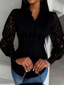Plus Size Women's Elegant Lace Hollow Sleeve Blouse Black Spring - Black - View 3