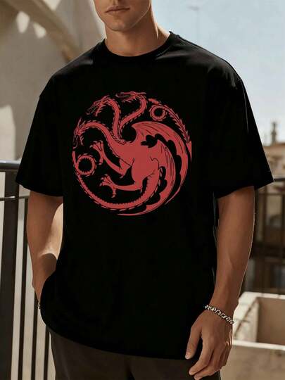 Camiseta Dragon Sigil, tejido de calidad de la Casa Targaryen, cuello redondo, corte holgado, diseño gráfico.