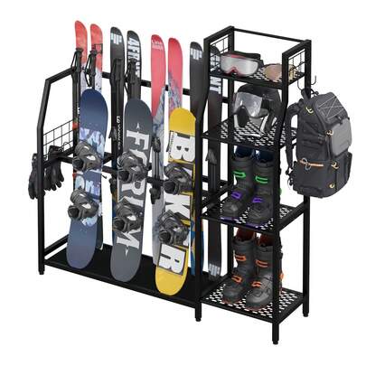 Advwin Ski & Snowboard Storage Rack With Adjustable Shelves & Hooks, Winter Sports Organizer For Boots, Poles, Helmets & Goggles, Heavy-Duty Freestanding Ski Rack For Home & Garage