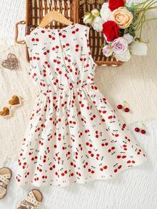 Vestido casual de niña con estampado de frutas sin mangas y longitud hasta la rodilla con botones, de moda para uso al aire libre, verano - Albaricoque - Ver 3
