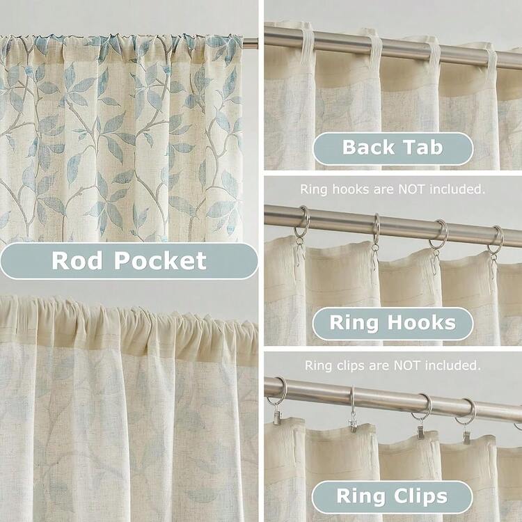 ZJDECOR 95 Inches Length Semi Sheer Curtains For Bedroom Living Room,Print Botanical Light Blue Leaf Grey Branch Drape,Rustic Linen Textured Window Treatment With Tape,Rod Pocket Back Tab,38\Wx95\Lx2,38inchWx95inchL(Packof2),LightBlueLeaf/GreyBranch - LightBlueLeaf/GreyBranch - View 4