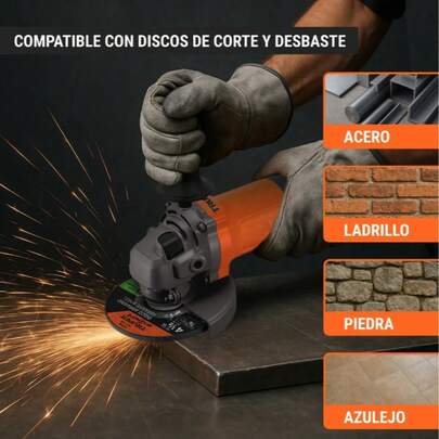 Esmeriladora angular 4-1/2", 800W, TRUPER PRO • Motor de 800 W, montado sobre balero de bolas para mayor vida útil y mejor desempeño • Mango auxiliar ajustable a 3 posiciones para mayor control • Diseño delgado, compacto y ligero • Interruptor con función de uso continuo • Para esmerilar y cortar acero, ladrillos, azulejos y piedra • Botón de bloqueo a eje para cambio de accesorios • Guarda con fijación de tornillo para mayor aprovechamiento del disco Especificaciones Potencia 800 W Diámetro del disco 4 1/2" (115 mm) Velocidad 11,000 rpm Eje 5/8 -11 UNC-1A (Compatible con cardas de la velocidad indicada para cada máquina) Tensión / Frecuencia 127 V / 60 Hz Consumo 5.9 A Largo de cable 1.98 m Dimensiones (Largo x Alto) 27 cm x 11 cm Ciclo de trabajo 30 minutos de trabajo por 15 minutos de descanso. Máximo diario 3 horas Peso 2 kg Incluye Disco abrasivo de 4 1/2" para desbaste de metal Guarda de protección Mango auxiliar Llave de dos puntas Bridas