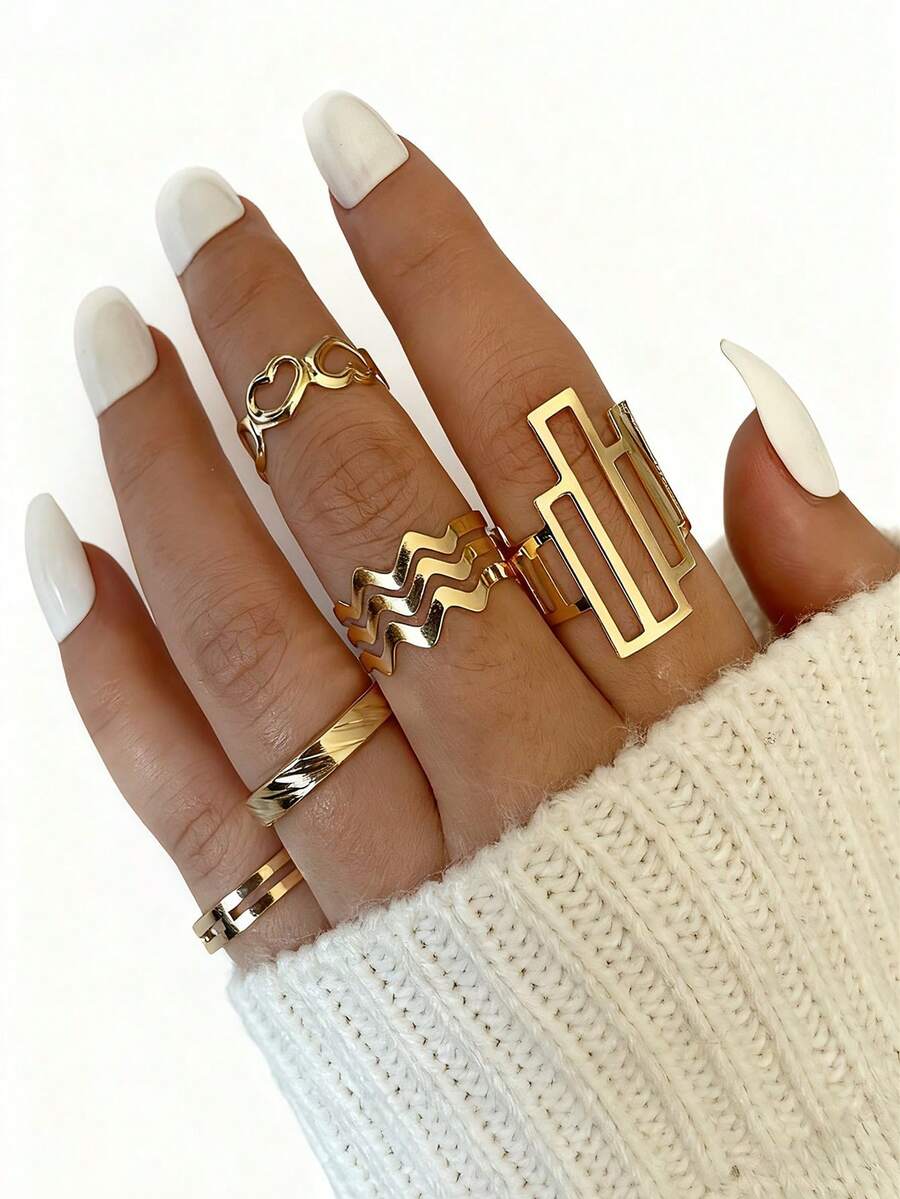 Conjunto de anillos abiertos apilables de oro con diseño geométrico exagerado de estilo punk para mujeres - Amarillo Oro - Ver 1