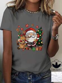 Camiseta casual de mujer, 100% algodón, con estampado gráfico de temática navideña, camiseta de manga corta con cuello redondo casual y cómoda, ropa de primavera y verano, adecuada para cualquier ocasión, color sólido, casual, uso diario. - Gris Oscuro - Ver 1