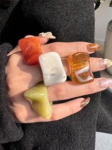 4pcs Vintage Geometric Minimalist Resin Rings Set, Asymmetrical Oversized Rings Suitable For Women's Daily Wear, Festivals, Party Gifts - Multicolor - View 2