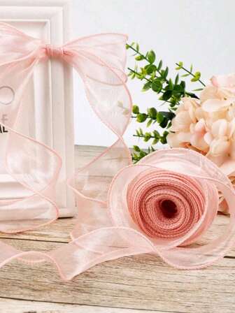 1pc Semi-Transparent Organza Ribbon With Rolled Edges, For Flower Bouquets, Gift Packaging, Cake Decoration, Weddings, Decorative Bows, Suitable For Holiday Parties