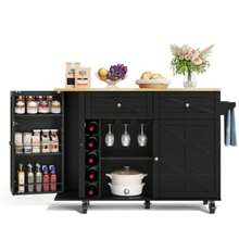 Kücheninsel With Klappbarer Arbeitsplatte, Ausgestattet With 5 Verriegelbaren Rollen, Türregal, Weinregal Und Glashalter, Schwarz, 120 X 45(70) X 89 Cm - Black - View 7