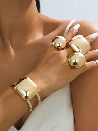 1 Set Minimalist Versatile Geometric Hollow Double-Layer Line Bracelet & Ring Jewelry Set, Gift For Women