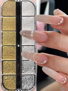 12格美甲珠套装，含1个磁性拾取器，3D立体金银鱼子酱珠金属美甲饰品，宝石混合尺寸金银钢珠美甲设计装饰DIY用品，金属饰品迷你鱼子酱美甲珠水晶装饰 - 彩色 - 查看 2