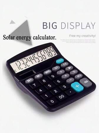 1pc Solar Dual Power 12-Digit Display 15° Tilted Angle Advanced Black Design Calculator, Suitable For Office, Bank, Front Desk, Supermarket
