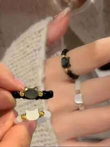 2件天然月光石黑曜石戒指珠子简约戒指可爱黑白猫咪戒指男女派对配饰首饰 - 貓咪戒指 - 查看 2