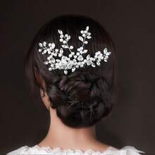 1pc Elegant Handmade Faux Pearl Leaf Bridal Hair Comb, Minimalist & Chic For Wedding, Party, Banquet - Silver - View 4