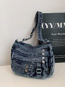 新款休闲时尚柔软牛仔多口袋斜挎包，多功能大容量女士单肩包，适合工作通勤、购物和旅行，是牛仔女孩的完美之选