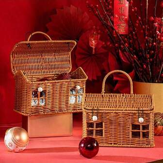 1pc Creative House-Shaped Woven Storage Basket - Vintage Snack & Gift Box - Portable Handmade Tote Basket, Perfect For Storage, Photo Prop, Or Watermelon Basket