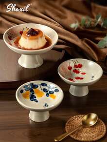 shoxil 1件高脚陶瓷碗，甜点盘，椰枣托盘，水果盘，兰花/柿子/竹叶图案，东亚文化风格，适用于家庭、餐厅聚会