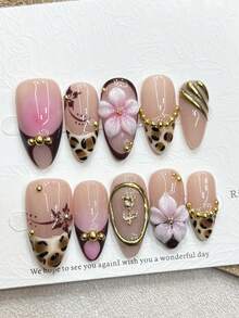 10pcs French Leopard Print Almond Shaped 3D Carved Glamorous Y2K Metallic Gilded Studded Handmade Press-On Nail Tips Nails - Multicolor - View 3