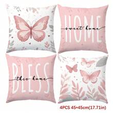 4pcs Simple Daily Pink Butterfly "Sweet Home" Cushion Covers, Single-Sided Printed Soft Peach Velvet Material, 45*45/50*50/40*40CM Pillow Covers Suitable For Indoor Decor, Party Decor, Decorative Pillow Gift - Multicolor - View 14