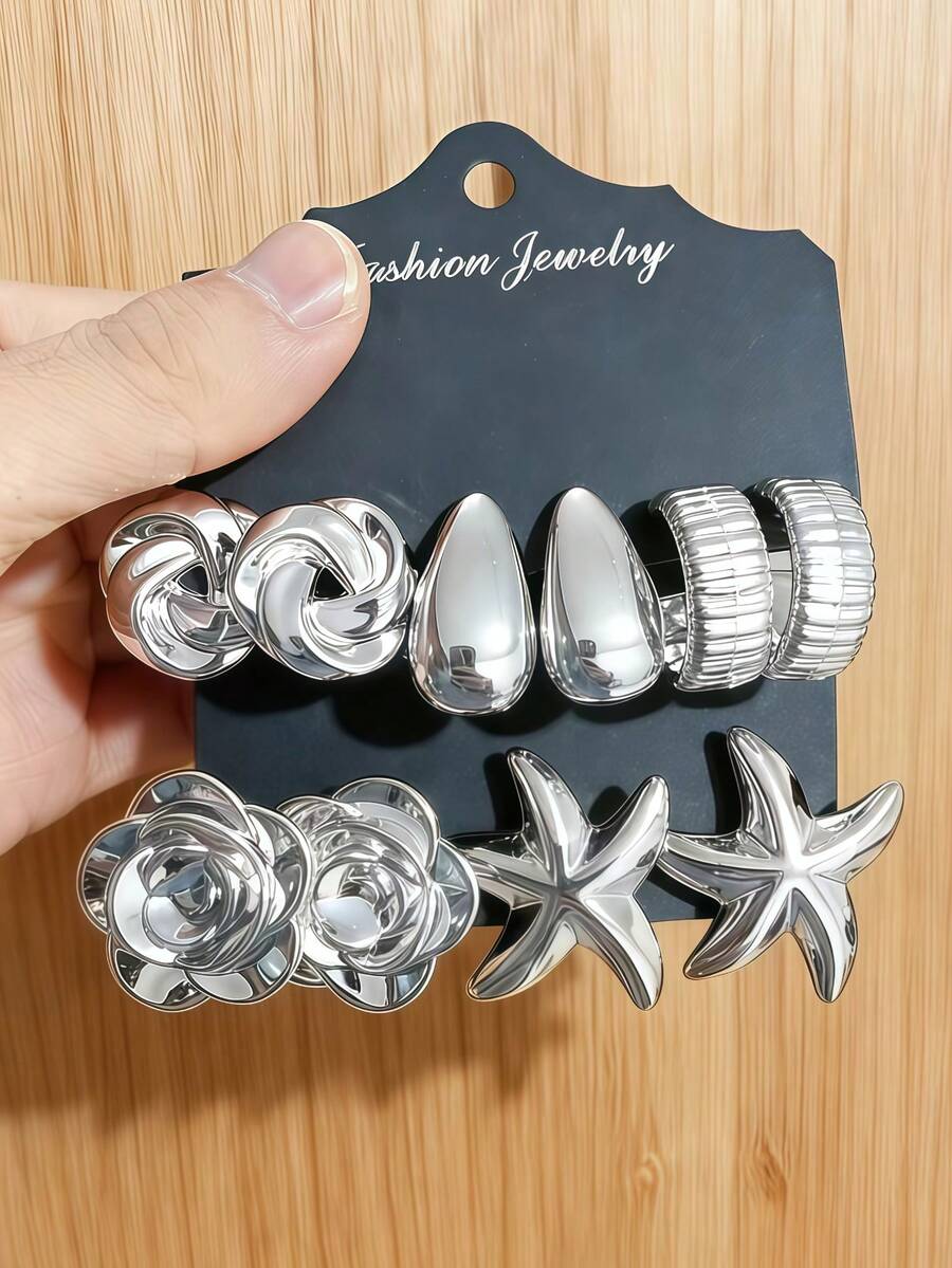 4-10 Peças Conjunto de Brincos de Moda Dourados para Mulheres, Material CCB e Leve, Brincos de Pino Elegantes com Pingente em Gota d'Água, Brincos de Pino Redondos Enrolados em Nó, Designs Delicados de Estrela-do-mar e Flor, Luxuoso e Estiloso Vintage, Adequado para Uso Diário, Reuniões, Viagens, Festas - Prata - Visão 1