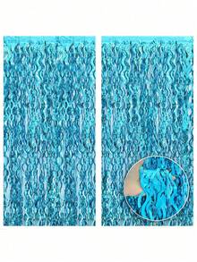 1件蓝色激光波浪流苏帘，闪亮波浪瀑布帘，适用于派对、生日、婚礼、海滩和夏季装饰，美人鱼主题派对背景，海底世界派对用品，海洋世界生日装饰，返校季情人节 - 藍色 - 查看 11