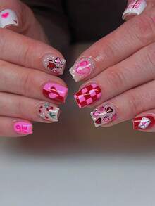 24 móng tay giả vuông dễ thương màu hồng, móng ngắn, họa tiết kẻ caro đỏ, móng kiểu Pháp cho ngày Valentine, dụng cụ làm móng. - Nhiều màu - Xem 1