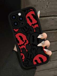 1pc Textured Anti-Drop Red Twisted Smiling Face Painted Phone Case, Compatible With IPhone 16/11/16pro/16plus/16promax/16e/15Promax/13/14/12/XS - Multicolor - View 4