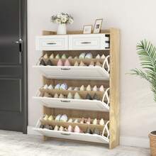 Shoe Cabinet With Rotating Shoe Rack, Consisting Of Three Large Doors And Two Drawers, Wooden Shoe Cabinet, Shoe Rack, Suitable For Entrance Areas And Living Rooms, W80/D23.5/H131cm (N657P28633233N) - Natural Color - View 7