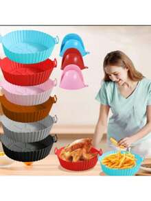 Forro de silicona para freidora de aire de 3-5 cuartos, reemplazo de papel encerado inflamable, bandeja de hornear reutilizable accesorio para horno, rojo/azul, redondo/cuadrado (parte superior 8 pulgadas, parte inferior 6.75 pulgadas) - molde para hornear de silicona - Ver 3