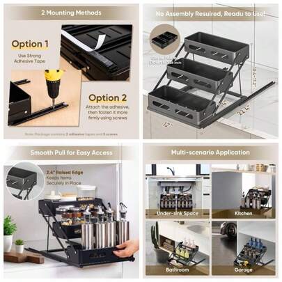 Pull Out Spice Rack Organizer Pantry, 3 Tier Spice Organizer Cabinet, Height Adjustable Spice Racks, Heavy Duty Vertical Spice Shelf Seasoning Organizer Kitchen