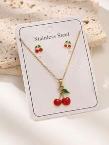 Bộ trang sức 3 món hình quả anh đào ngọt ngào dành cho nữ - Bông tai và dây chuyền xương đòn dễ thương, lãng mạn, phụ kiện tinh tế làm quà tặng. - Nhiều màu - Xem 6