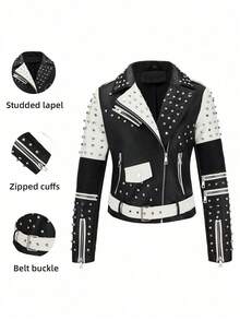 Women's Autumn/Winter Faux Leather Biker Jacket - Rhinestone Embellished, Asymmetric Zipper Design, Adds Fashionable Touch To Street Style In Cold Season - Đen và trắng - Xem 7