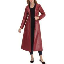Icebanner Womens Faux  Leather Long Trench Coat Notched Lapel Single Breasted Casual Car Biker Motorcycle Style Jacket Long Coat Women - Đỏ - Xem 7