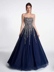 Elisanya Anymoon Women's Luxurious And Elegant Beaded Decor Strapless Evening Dress, Suitable For Hosting Galas, Red Carpet, Graduation Prom, Bridal Toast, Gala Dinner, Engagement Party - Navy Blue - View 2