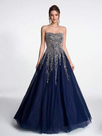 Anymoon Women's Luxurious And Elegant Beaded Decor Strapless Evening Dress, Suitable For Hosting Galas, Red Carpet, Graduation Prom, Bridal Toast, Gala Dinner, Engagement Party