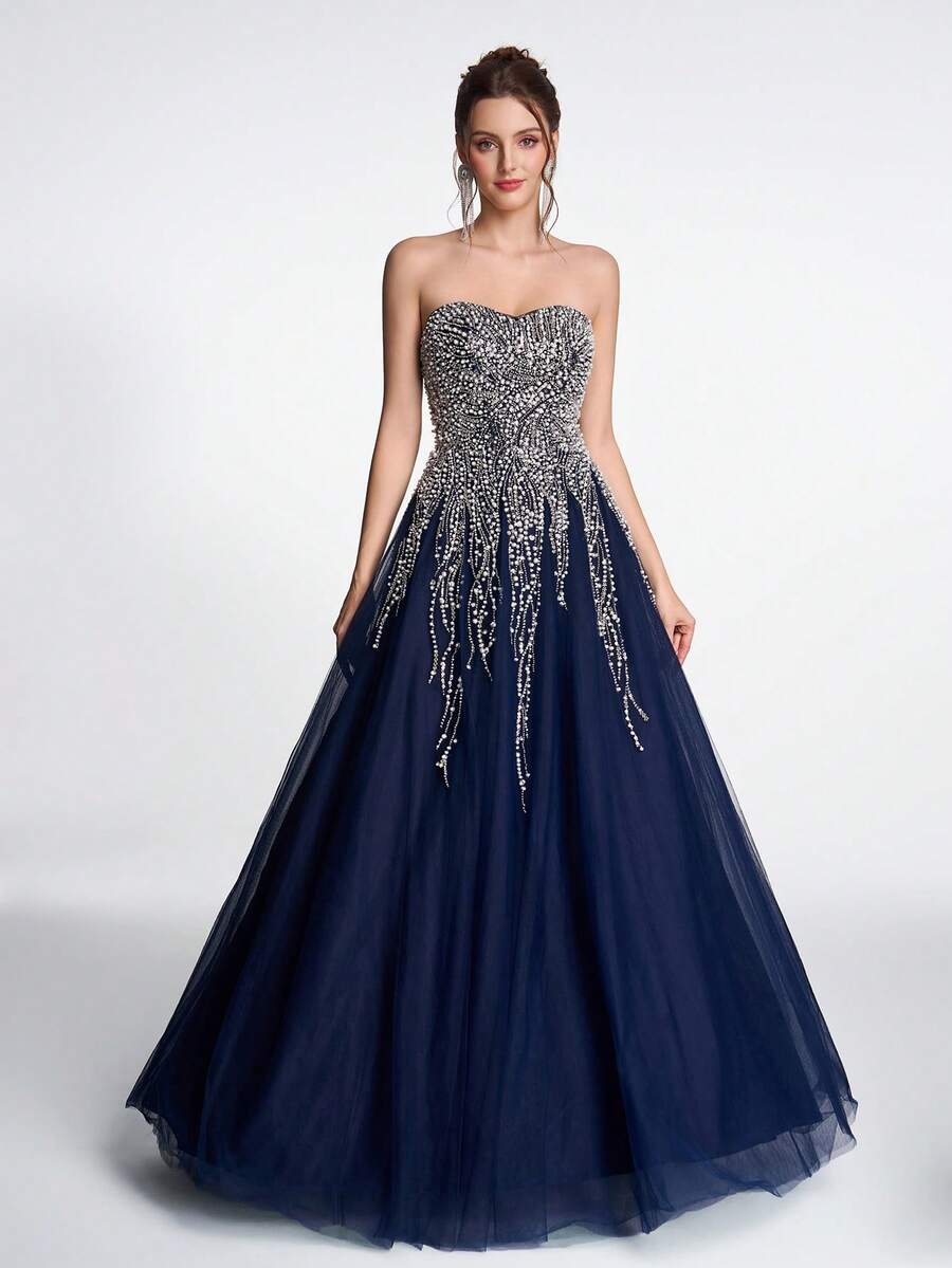Elisanya Anymoon Women's Luxurious And Elegant Beaded Decor Strapless Evening Dress, Suitable For Hosting Galas, Red Carpet, Graduation Prom, Bridal Toast, Gala Dinner, Engagement Party
