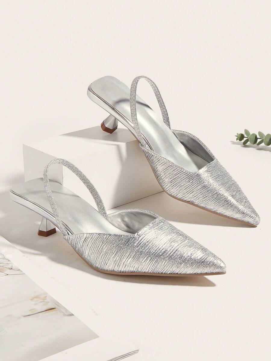 Sepatu Hak Kitten Lipit Warna Polos untuk Wanita, Sepatu Hak Tinggi Ujung Lancip Elegan, Sepatu Hak Tinggi Tali Pergelangan Kaki Modis (Potongan Acak)