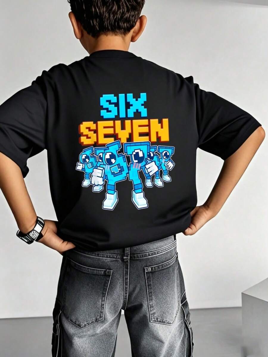 Tween Boy Casual Graphic Print Crew Neck Short Sleeve T-Shirt, Summer Top - Black - View 1