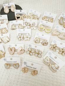 24只（随机款式）304不锈钢白色花朵/镂空叶子圆形釉面水滴耳环，生日、周年纪念日、情人节礼物，男女皆宜日常佩戴 - 彩色 - 查看 5