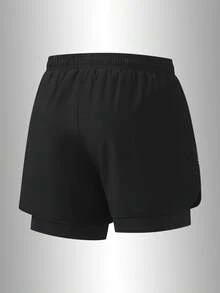 Women's 2-In-1 Double Layer Running Shorts With Drawstring Elastic Waist, Quick-Dry Sports Fitness Shorts Black - Black - View 3