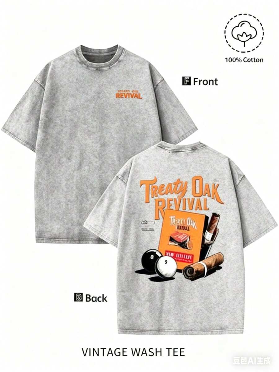 Men'S Bold "TREATY OAK REVIVAL" Print T-Shirt, Casual Round Neck Short Sleeve, 230g Washed Cotton, Summer High Quality Casual Sportswear, Comfortable And Breathable, Machine WashableNew Unisex T-Shirt - Xám - Xem 1