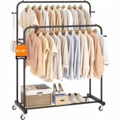 Double Rods Garment Rack With Wheels Clothing Rack For Hanging Clothes 4 Hooks Multi-Functional Bedroom Clothes Rack Black