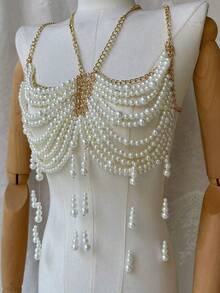 DEKUNER 1 chiếc dây chuyền áo ngực đính ngọc trai gợi cảm, dây chuyền ngực ngọc trai dành cho nữ, thắt lưng eo thời trang, phụ kiện trang sức cơ thể thanh lịch. - Vàng - Xem 4