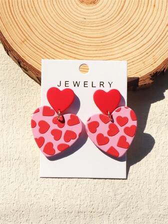 1 Pair Women's Valentine's Day Red & Light Pink Heart Shaped Acrylic Earrings, Romantic & Cute