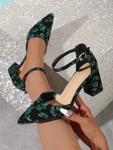 New Black Base Green Floral Pointed Toe Hollow Out Chunky High Heel Women Shoes - Green and Black - View 1