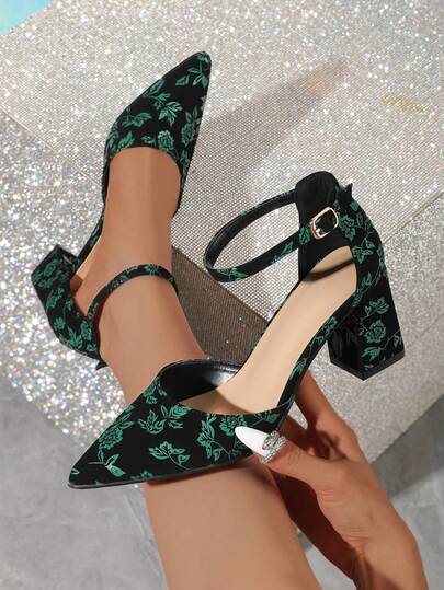 New Black Base Green Floral Pointed Toe Hollow Out Chunky High Heel Women Shoes