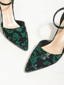 New Black Base Green Floral Pointed Toe Hollow Out Chunky High Heel Women Shoes - Green and Black - View 7